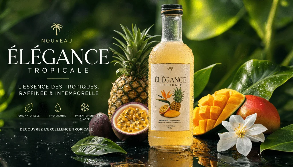 Affiche publicitaire premium pour une boisson tropicale sans alcool générée avec Reve 2.0