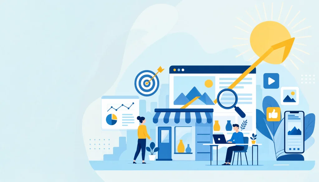 Illustration générée avec Reve 2.0 sur le thème de la visibilité en ligne d’une petite entreprise
